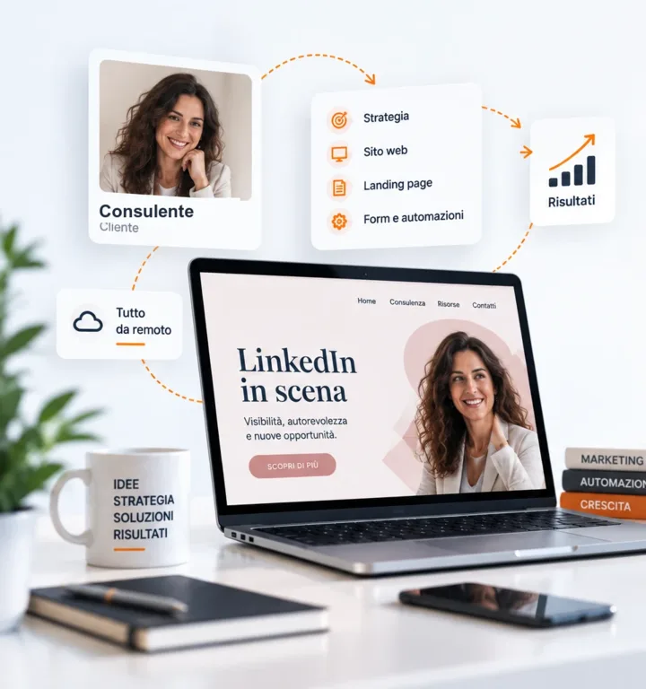 Scrivania con il sito realizzato aperto sul portatile, e lo schema del lavoro: strategia, sito, landing page, form e automazioni.