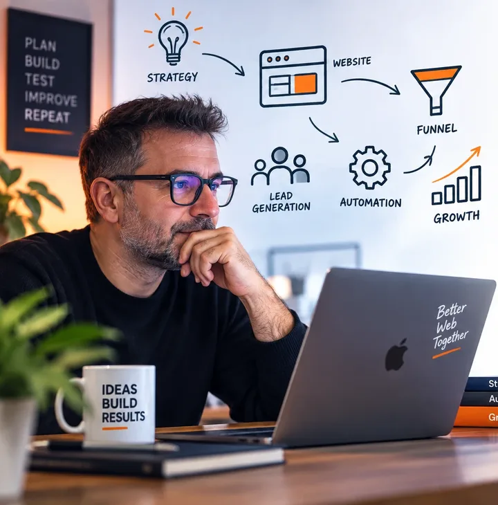 Scrivania di lavoro e lo schema del sistema: strategia, sito, lead generation, automazioni, funnel, crescita.